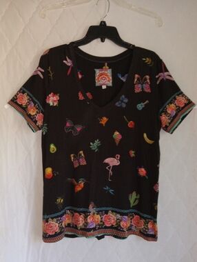 Johnny Was Black Floral Border V-Neck Tee with Colorful Motifs